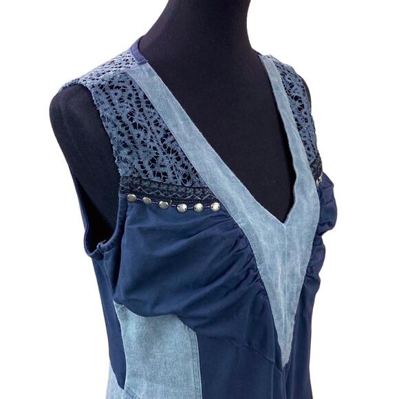 Angels Never Die Womens Boho Mixed Media Midi Dress Size M/L Linen Lace Jersey - Picture 3 of 8